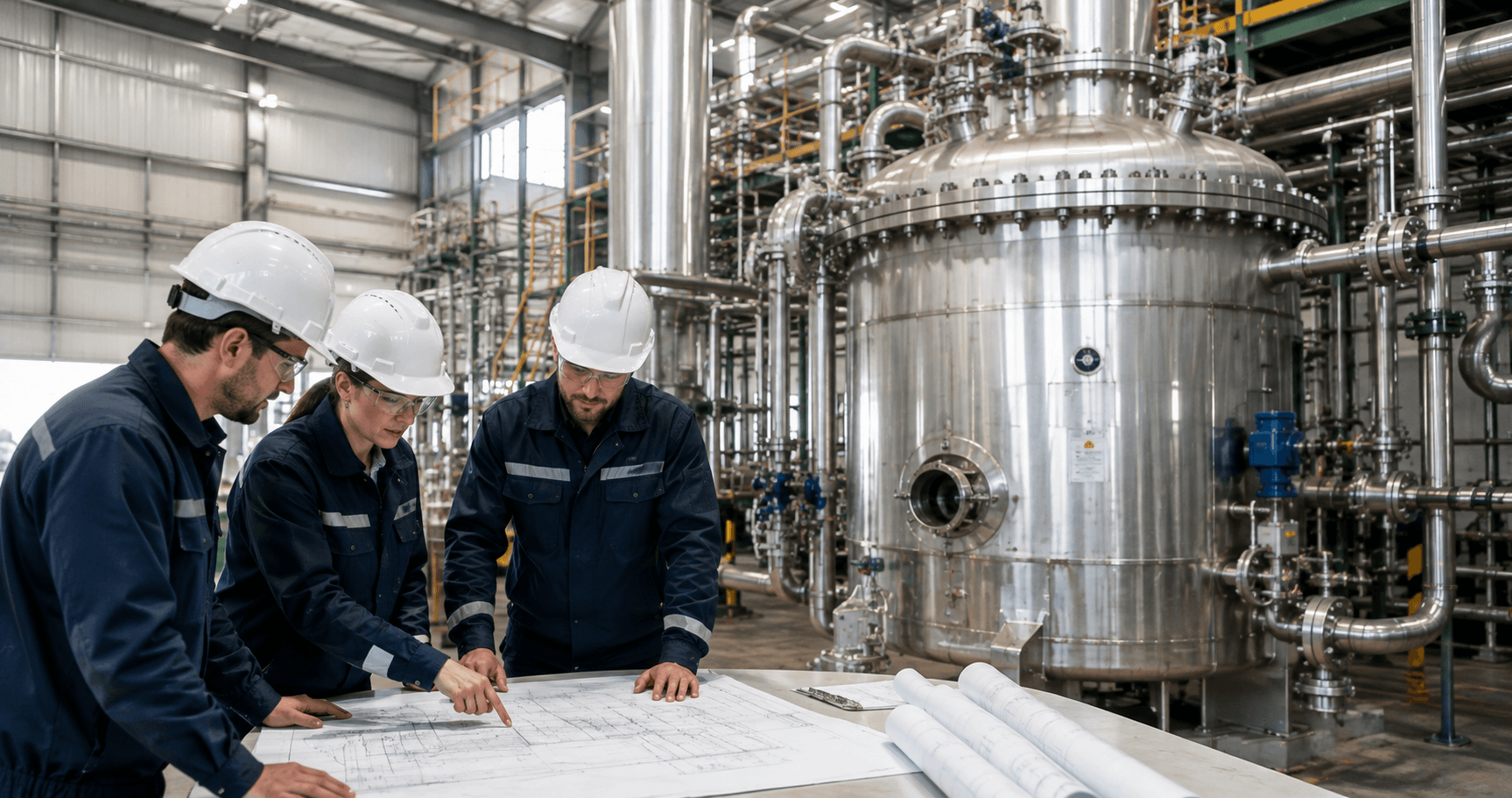 Methanica engineering team reviewing technical plant designs in front of bioreactor vessel