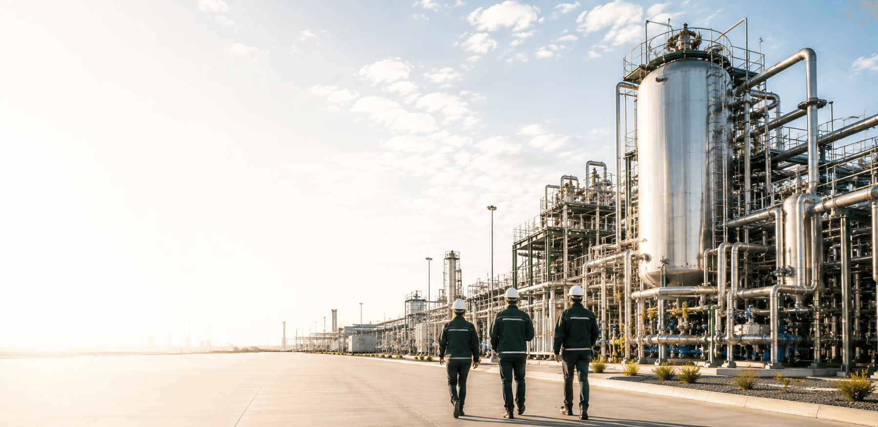 Methanica engineers walking through industrial plant facility