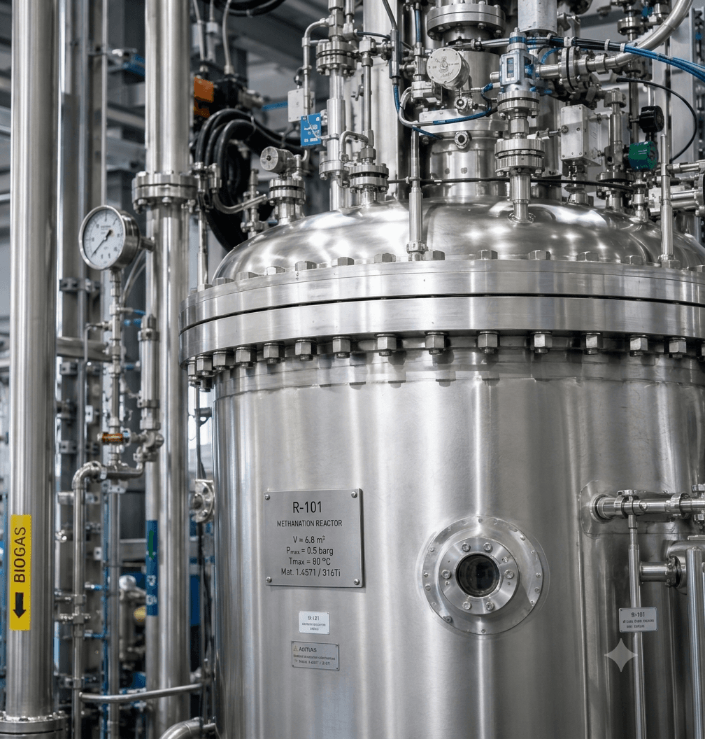 Methanica stainless steel biological methanation reactor vessel closeup with R-101 identifier